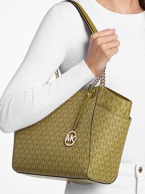 Michael Kors Olive Green Jet Set Large Signature Logo Shoulder Bag MK Tote